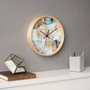 Horloge Peinture Abstraite d'art fluide en or bleu