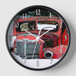 Horloge Peinture de chien de Noël de vieux camion Keeshond