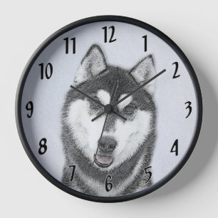 Horloge Peinture de chien Husky sibérien (noir et blanc) A