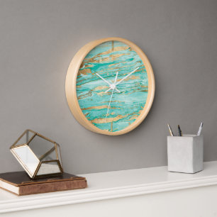 Horloge Peinture Liquide Mint Or Abstrait en Marbre