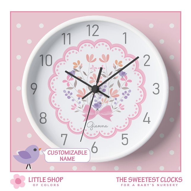 Horloge Pépinière Florale Rose Personnalisée Filles (Créateur téléchargé)