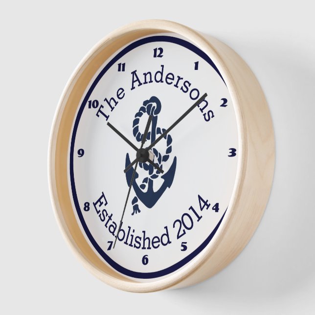 Horloge Personalized Family Nom Nautical Navy Anchor (Angle)