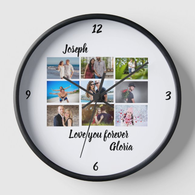 Horloge Personnalisé Anniversaire moderne 9 Photo Collage (Recto)