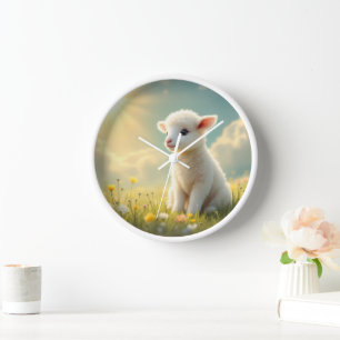 Horloge Petit agneau de Pâques mignon dans une pépinière d