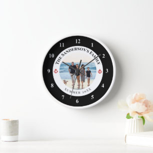 Horloge Photo de famille personnalisée dans un cercle noir