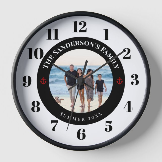 Horloge Photo personnalisée Cercle noir avec Ancre rouge (Recto)