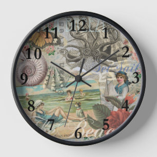 Horloge plage d'été poulpe vintage antique voile