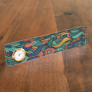 Horloge plaque de nom de bureau vague Paisley rétr