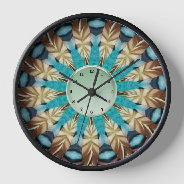 Horloge Plumes Turquoise, marron, bleu et vert Mandala (Recto)