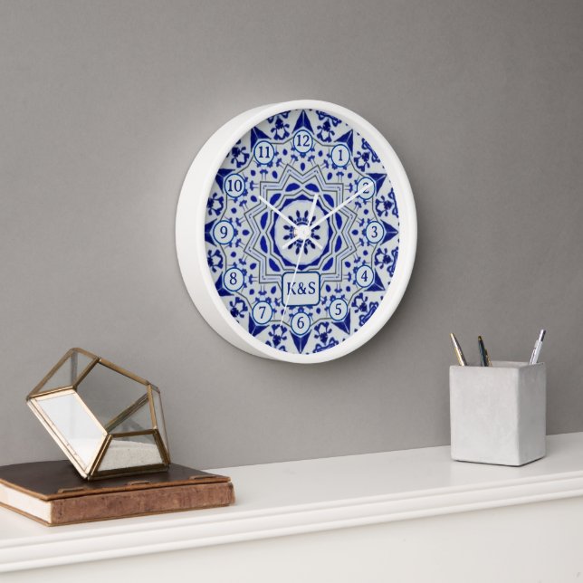 Horloge Poterie Bleue & Blanc / Carrelage - Cultures du Mo (Bureau)