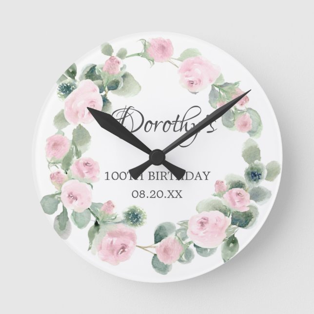 Horloge Ronde 100e anniversaire Rose rose Floral Eucalyptus cour (Recto)