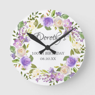 Horloge Ronde 100e jour de Birthday Purple Rose Floral