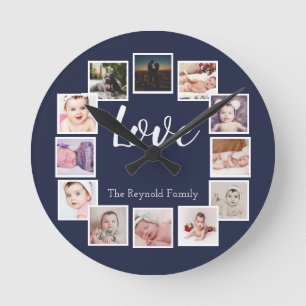 Horloge Ronde 12 Collage photo bleu personnalisé