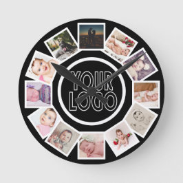 Horloge Ronde 12 Photo Collage Personalized Black White