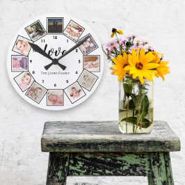 Horloge Ronde 12 Photo Collage Personalized Black White