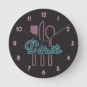 Horloge Ronde 1950s Neon Diner Pink, Blue silverware