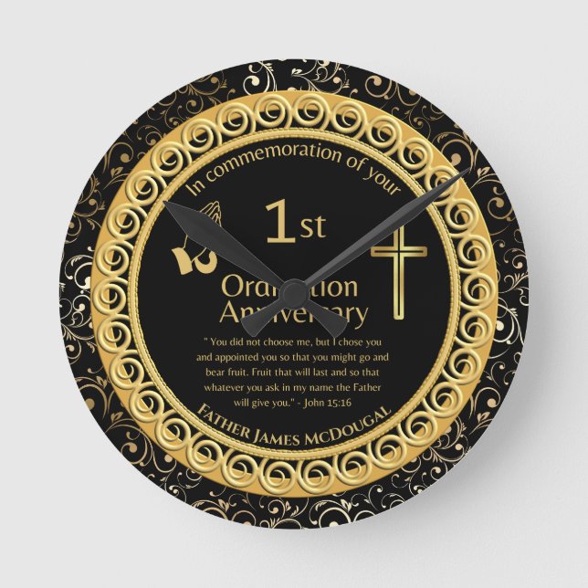 Horloge Ronde 1er anniversaire d'Ordination prêtre PERSONNALISÉ (Recto)
