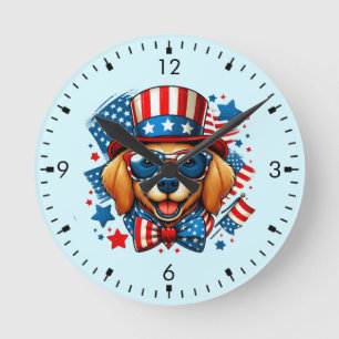 Horloge Ronde 4 juillet USA Chien Patriotique Fête de l'Indépend