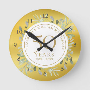 Horloge Ronde 50e anniversaire de mariage verdure feuille d’or