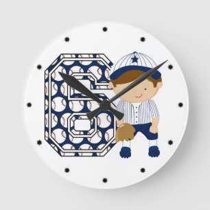 Horloge Ronde 6e Anniversaire de baseball Catcher Bleu et Blanc