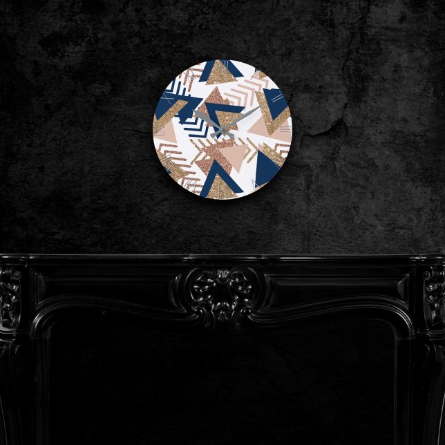 Horloge Ronde 80s Abstrait tendance | Marine et Rose Motif d'or (Créateur téléchargé)