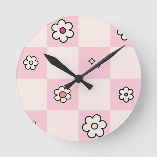 Horloge Ronde à damiers marguerites roses (Recto)