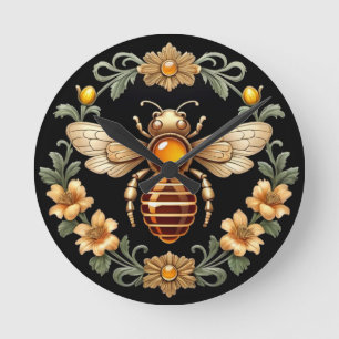 Horloge Ronde Abeille Art Nouveau sur fond noir