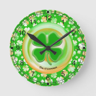 Horloge Ronde AbstractIrlandais Motif Shamrock vert/blanc/orange