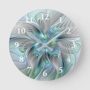 Horloge Ronde Abstrait Bleu Vert Papillon Imaginaire Fractal Art
