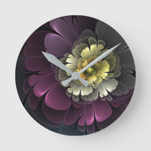 Horloge Ronde Abstrait Purpur moderne Khaki Gris Fleur fractale