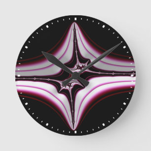 Horloge Ronde Abstrait rose noir symétrique fractal 
