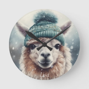 Horloge Ronde Adorable alpaga portant beanie bleue