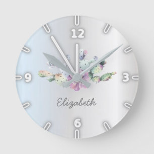 Horloge Ronde Adorable Cactus Succulent Aquarelle, Argenté