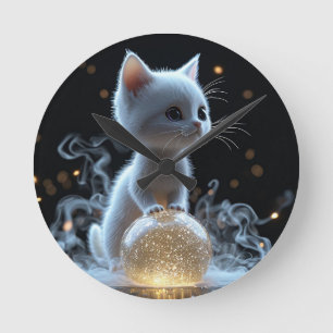 Horloge Ronde Adorable Chaton Blanc avec Lueur Mystique