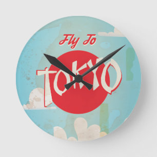 Horloge Ronde Affiche de voyage Vintage Retro Fly to Tokyo