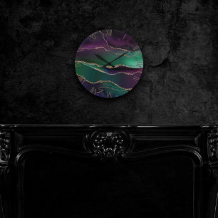 Horloge Ronde Agate attrayante   Joyau foncé Tone Pierre Or Vein