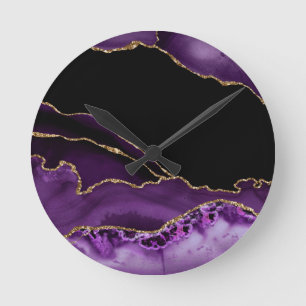Horloge Ronde Agate de marbre noir violet doré doré noir