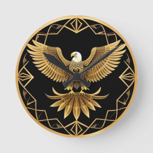 Horloge Ronde Aigle royal sur mandala géométrique