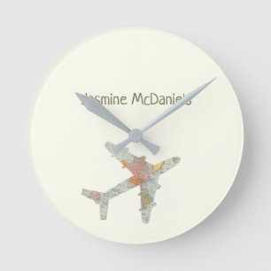 Horloge Ronde Airplane world map custom name