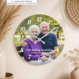 Horloge Ronde Ajoutez votre propre photo de couple 75e anniversa