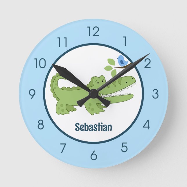 Horloge Ronde Alligator Crocodile Bleu Oiseau mignonne Pépinière (Recto)