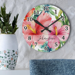 Horloge Ronde Aloha Aloha Hawaiian Red Flowers Nom du script