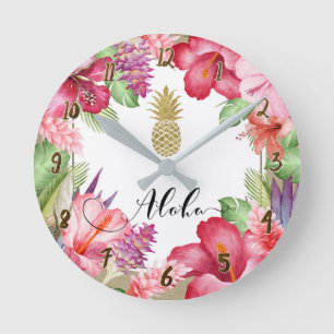 Horloge Ronde Aloha Fleurs Tropicales Floral Chic Gold Ananas