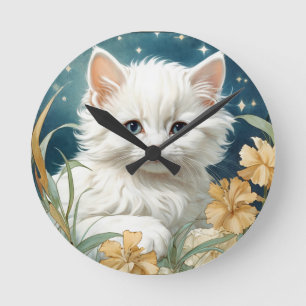 Horloge Ronde Alphonse Mucha Art Nouveau Kitten