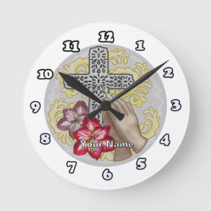 Horloge Ronde Amaryllis Croix Chrétienne