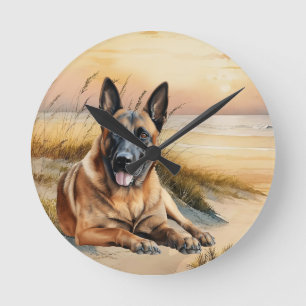 Horloge Ronde Amoureux du Malinois belge Plage de sable