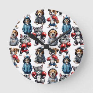 Horloge Ronde Amusante Boxe Chat Chien Motif Design