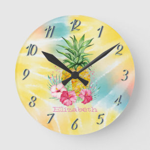 Horloge Ronde Ananas, Hibiscus Aquarelle Arc-en-ciel Tie-Dye