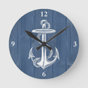 Horloge Ronde Anchor Blue Wood Clock