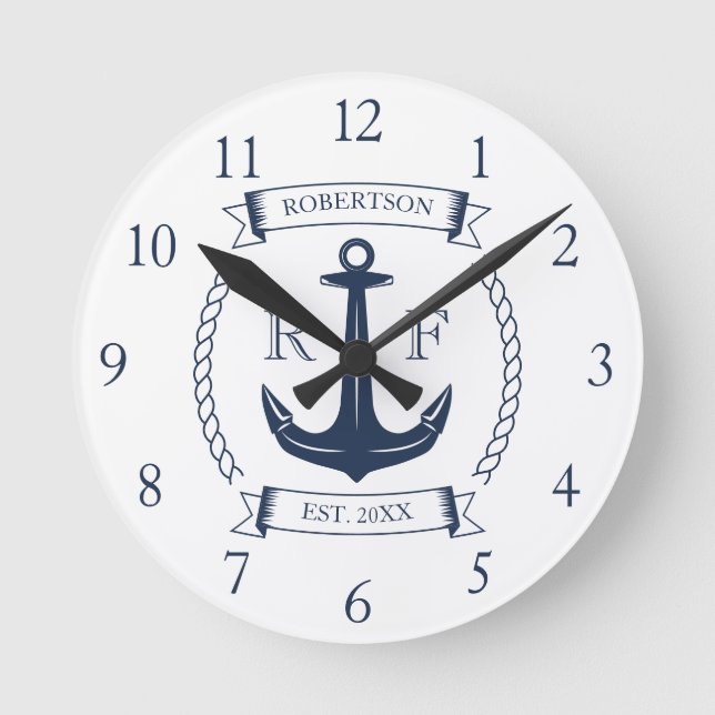 Horloge Ronde Ancre nautique Nom de famille (Recto)